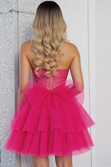 Sparkly Fuchsia Sequin Corset Sweetheart Short Homecoming Dress with Bows